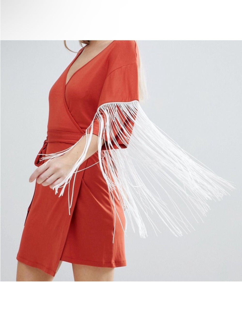 ASOS Petite White Fringe Orange Wrap Dress